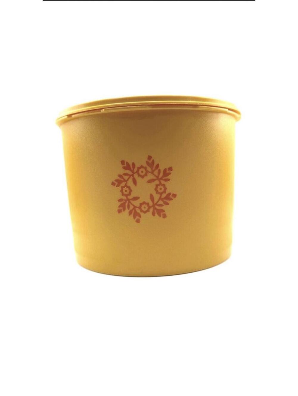 VTG Tupperware Servalier Orange/Yellow Canister 1626-1 W/Lid Harvest Wreath